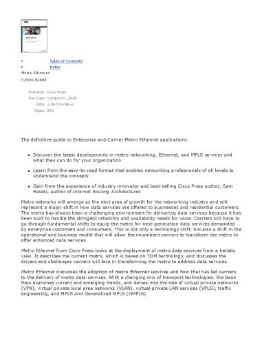 دانلود نسخه کامل کتاب Metro Ethernet: the definitive guide to enterprise and carrier Metro Ethernet applications