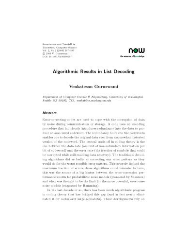 دانلود نسخه کامل کتاب ALGORITHMIC RESULTS IN LIST DECODING (Foundations and Trends(R) in Theoretical Computer Science)