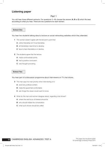 دانلود نسخه کامل کتاب Cambridge English Advanced Practice Listening Test A + Audio