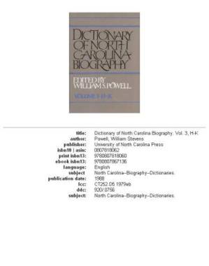 دانلود کتاب Dictionary of North Carolina biography, Volume 3