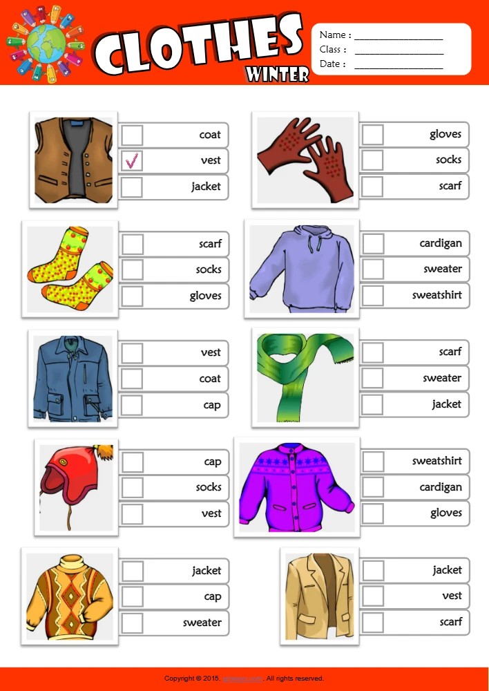 کتاب Winter Clothes ESL Vocabulary Multiple Choice Worksheet for Kids (کاربرگ سوالات چند گزینه ای واژگان لباس های زمستانی برای کودکان) نسخه انگلیسی PDF