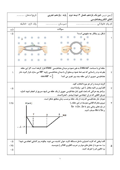آزمون فیزیک یازدهم: القای الکترومغناطیسی (فصل 3، صفحات 85-100) - 1404 - اسمارت فایل